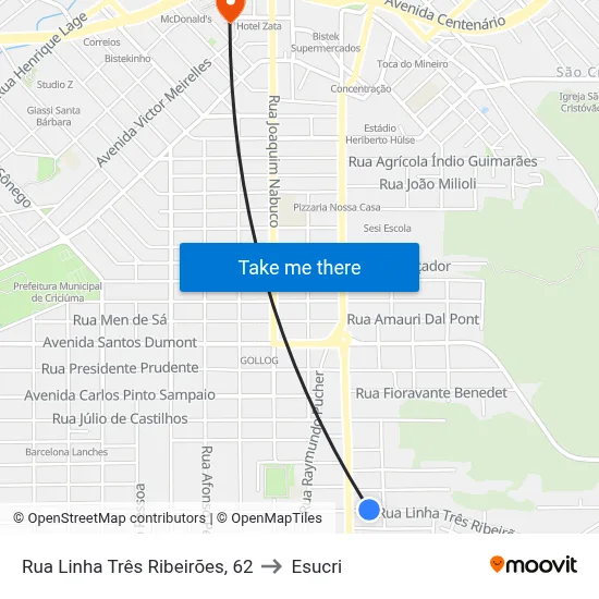 Rua Linha Três Ribeirões, 62 to Esucri map