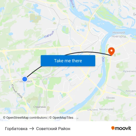 Горбатовка to Советский Район map