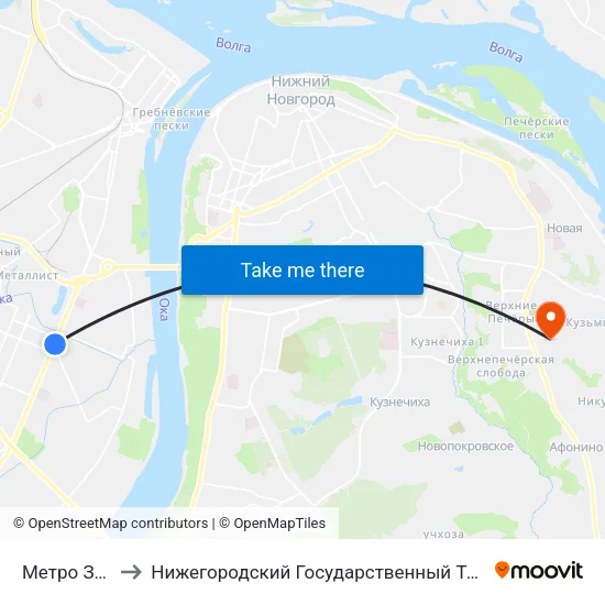 Метро Заречная to Нижегородский Государственный Технический Университет map