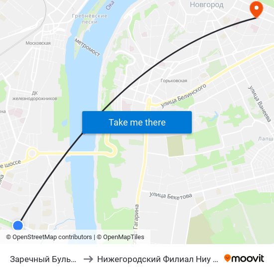 Заречный Бульвар to Нижегородский Филиал Ниу Вшэ map