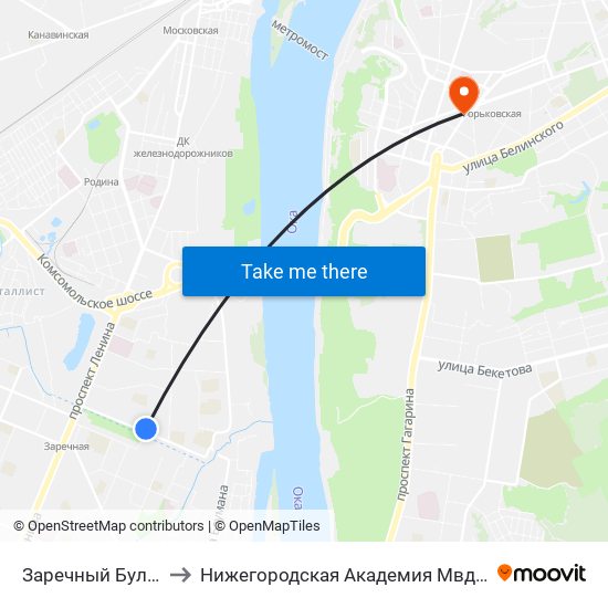Заречный Бульвар to Нижегородская Академия Мвд России map