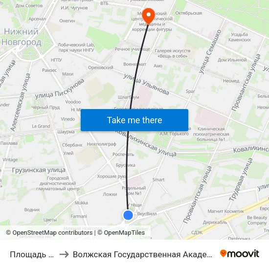 Площадь Свободы to Волжская Государственная Академия Водного Транспорта map