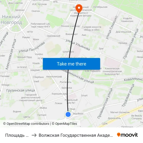 Площадь Свободы to Волжская Государственная Академия Водного Транспорта map