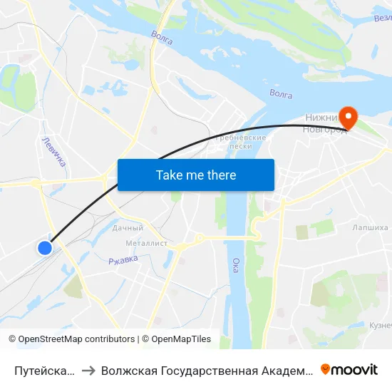 Путейская Улица to Волжская Государственная Академия Водного Транспорта map