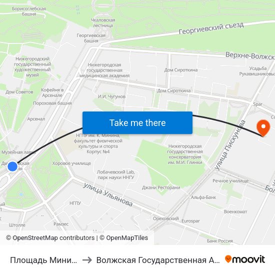 Площадь Минина И Пожарского to Волжская Государственная Академия Водного Транспорта map