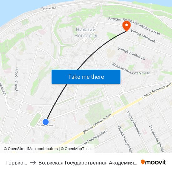 Горьковская to Волжская Государственная Академия Водного Транспорта map