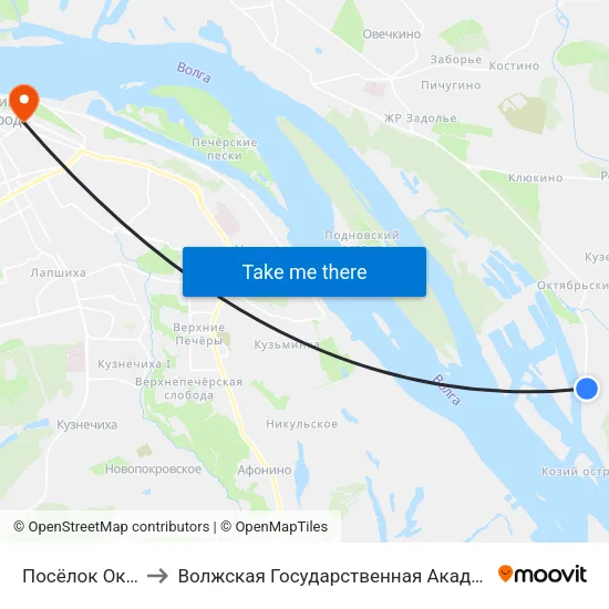 Посёлок Октябрьский to Волжская Государственная Академия Водного Транспорта map