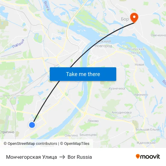 Monchegorsk Street to Bor Russia map