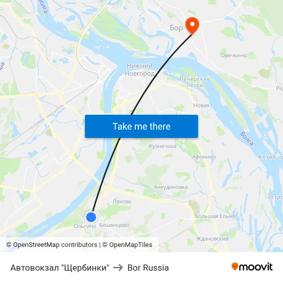Автовокзал "Щербинки" to Bor Russia map