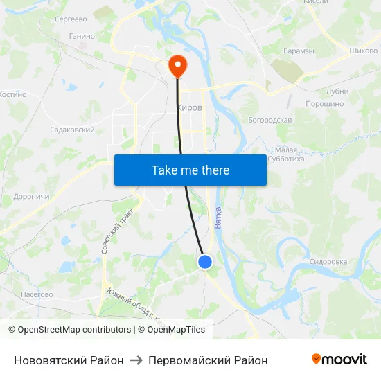 Нововятский Район to Первомайский Район map