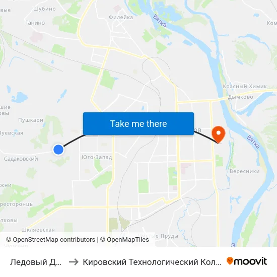 Ледовый Дворец "Дымка" to Кировский Технологический Колледж Пищевой Промышленности map