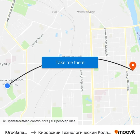 Юго-Западный Рынок to Кировский Технологический Колледж Пищевой Промышленности map