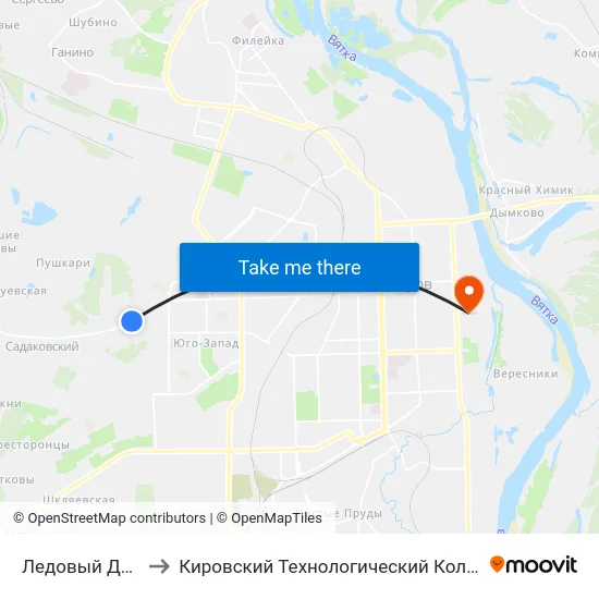 Ледовый Дворец "Дымка" to Кировский Технологический Колледж Пищевой Промышленности map