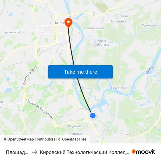 Площадь Победы to Кировский Технологический Колледж Пищевой Промышленности map