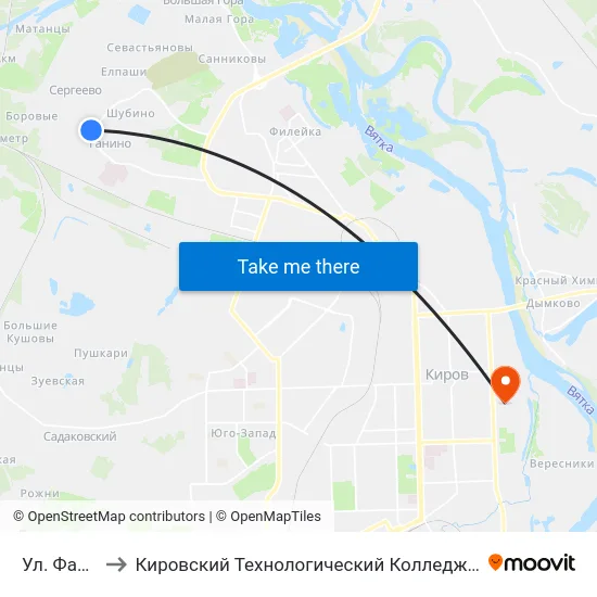 Ул. Фабричная to Кировский Технологический Колледж Пищевой Промышленности map