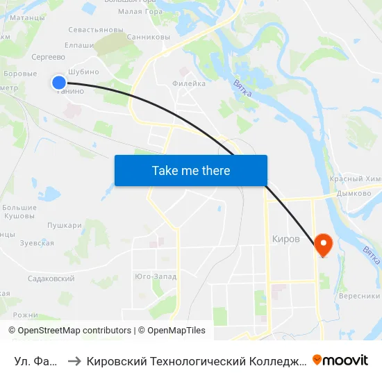 Ул. Фабричная to Кировский Технологический Колледж Пищевой Промышленности map