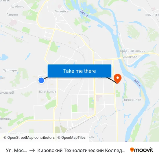 Ул. Московская to Кировский Технологический Колледж Пищевой Промышленности map