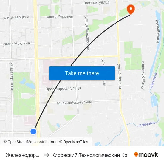 Железнодорожная Больница to Кировский Технологический Колледж Пищевой Промышленности map