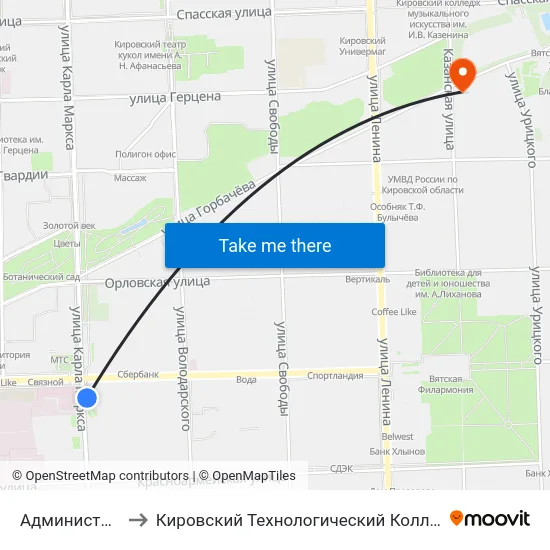 Администрация Города to Кировский Технологический Колледж Пищевой Промышленности map