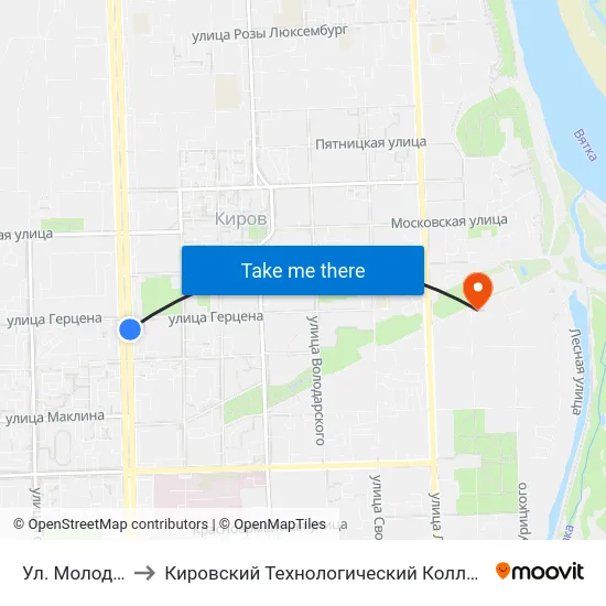 Ул. Молодой Гвардии to Кировский Технологический Колледж Пищевой Промышленности map