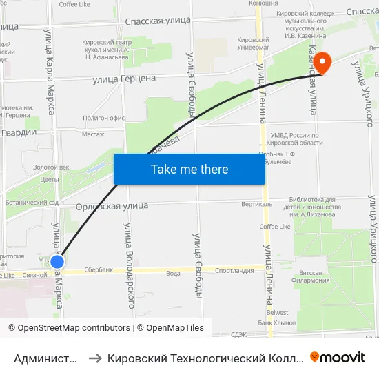 Администрация Города to Кировский Технологический Колледж Пищевой Промышленности map