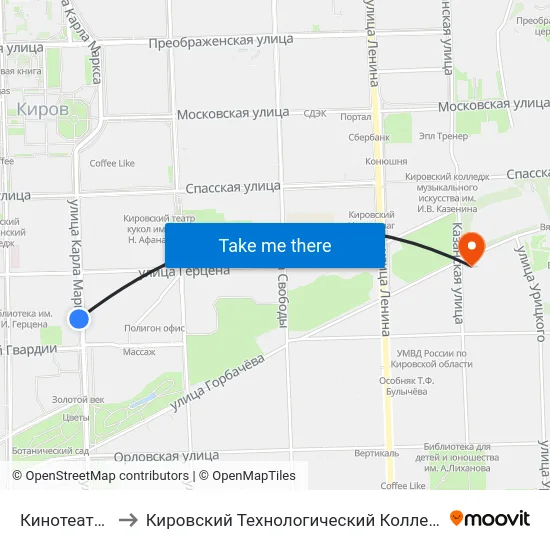 Кинотеатр "Октябрь" to Кировский Технологический Колледж Пищевой Промышленности map