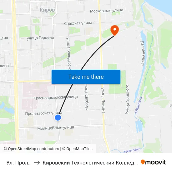 Ул. Пролетарская to Кировский Технологический Колледж Пищевой Промышленности map