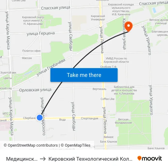 Медицинская Академия to Кировский Технологический Колледж Пищевой Промышленности map