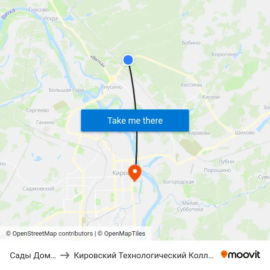 Сады Домостроитель to Кировский Технологический Колледж Пищевой Промышленности map