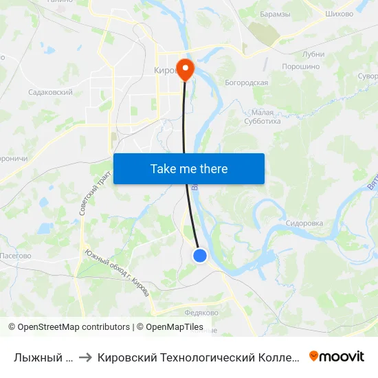 Лыжный Комбинат to Кировский Технологический Колледж Пищевой Промышленности map