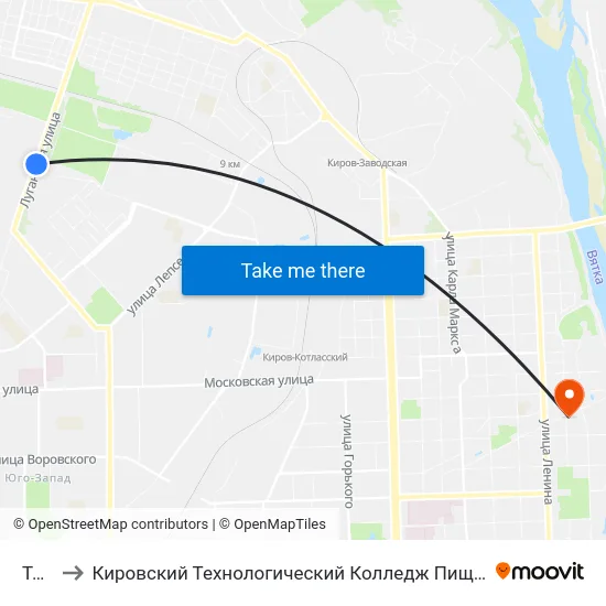 Тэц-4 to Кировский Технологический Колледж Пищевой Промышленности map