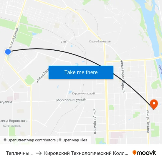 Тепличный Комбинат to Кировский Технологический Колледж Пищевой Промышленности map