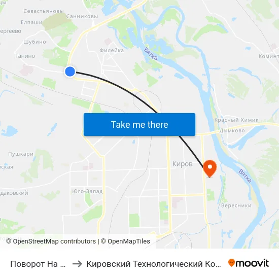 Поворот На Поселок Ганино to Кировский Технологический Колледж Пищевой Промышленности map