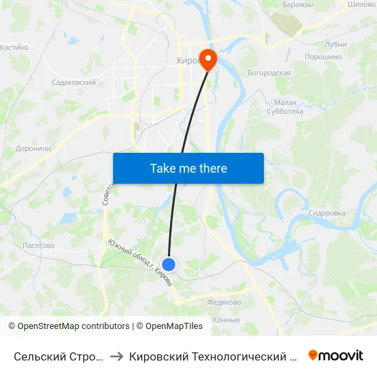 Сельский Строительный Комбинат to Кировский Технологический Колледж Пищевой Промышленности map