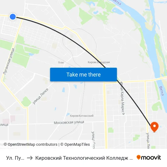 Ул. Пушкари to Кировский Технологический Колледж Пищевой Промышленности map