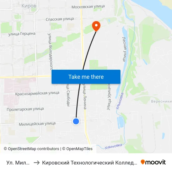Ул. Милицейская to Кировский Технологический Колледж Пищевой Промышленности map