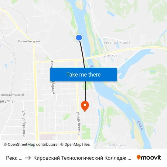 Река Вятка to Кировский Технологический Колледж Пищевой Промышленности map