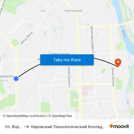 Ул. Воровского to Кировский Технологический Колледж Пищевой Промышленности map