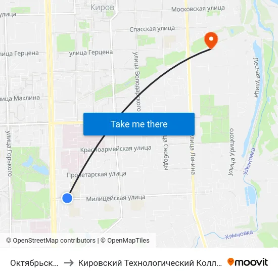 Октябрьский Проспект to Кировский Технологический Колледж Пищевой Промышленности map