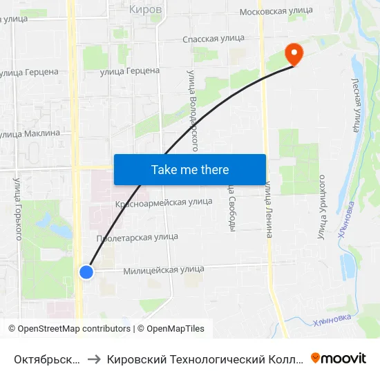 Октябрьский Проспект to Кировский Технологический Колледж Пищевой Промышленности map