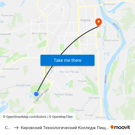 Сады to Кировский Технологический Колледж Пищевой Промышленности map