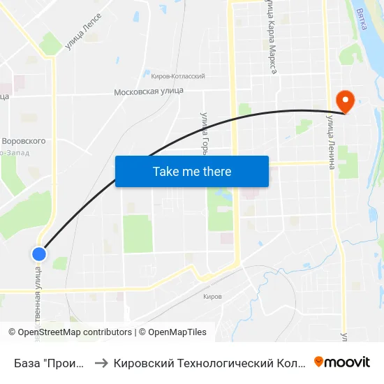 База "Производственная" to Кировский Технологический Колледж Пищевой Промышленности map