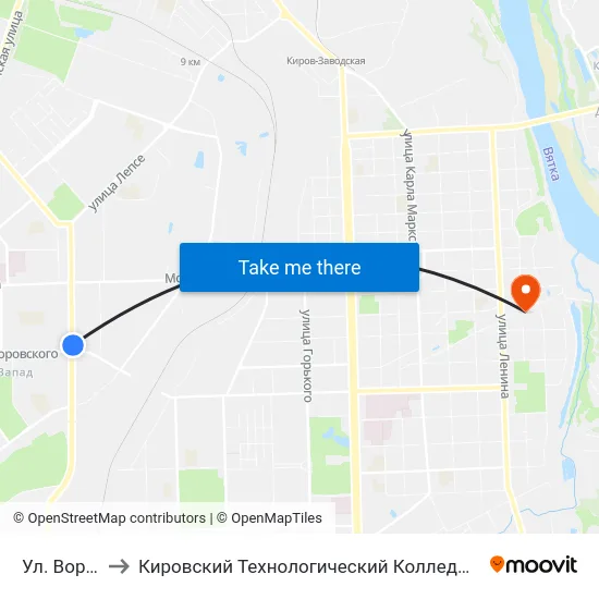 Ул. Воровского to Кировский Технологический Колледж Пищевой Промышленности map