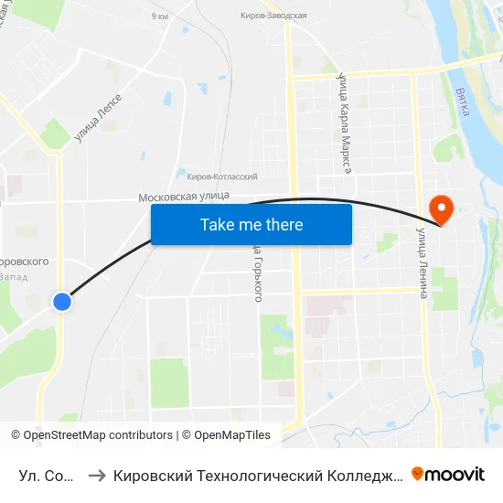 Ул. Солнечная to Кировский Технологический Колледж Пищевой Промышленности map
