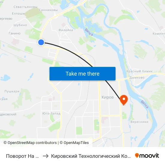 Поворот На Поселок Ганино to Кировский Технологический Колледж Пищевой Промышленности map