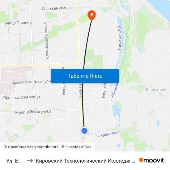 Ул. Блюхера to Кировский Технологический Колледж Пищевой Промышленности map