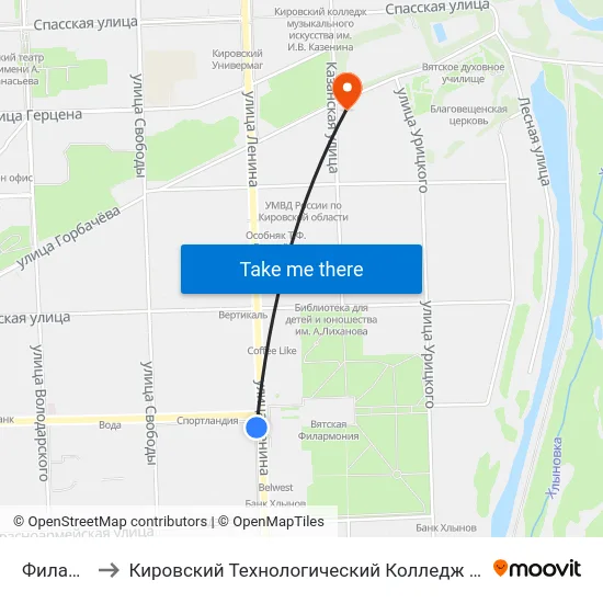 Филармония to Кировский Технологический Колледж Пищевой Промышленности map