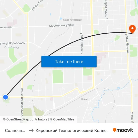 Солнечный Проезд to Кировский Технологический Колледж Пищевой Промышленности map