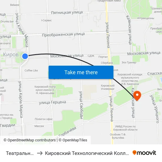 Театральная Площадь to Кировский Технологический Колледж Пищевой Промышленности map