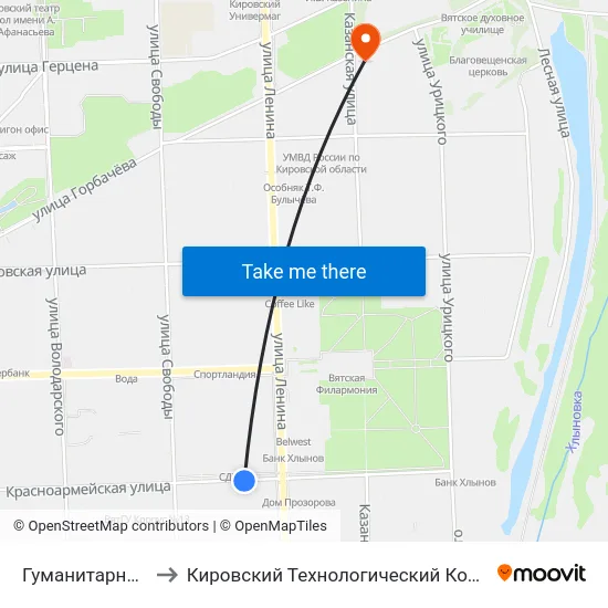 Гуманитарный Университет to Кировский Технологический Колледж Пищевой Промышленности map
